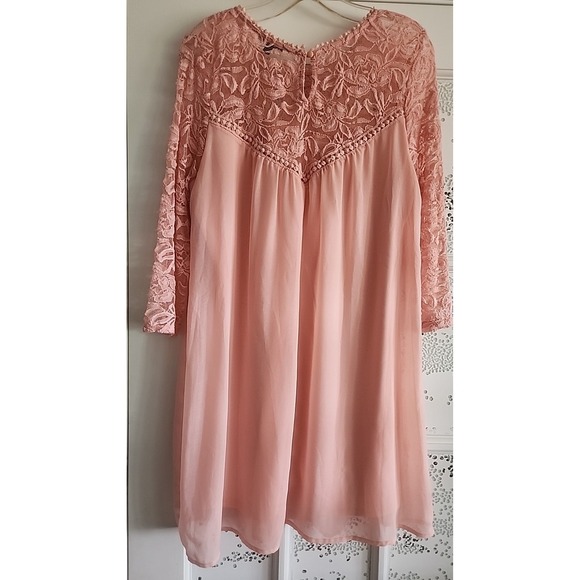 Spring Easter Summer Peach High Waist Baby Doll Dress Lace 3/4 Sleeves Lined‎ L - Picture 3 of 8